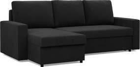 Zeus sarokkanapé, 2 ágyneműtartóval, egyenes kartámasz, szövet anyag, univerzális oldal, hab töltet, fekete