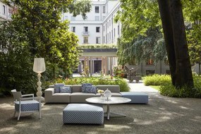 Kartell Liberty dizájner kerti kanapé OBI CHECK puffal – stílus és kényelem a teraszon szín: borostyán