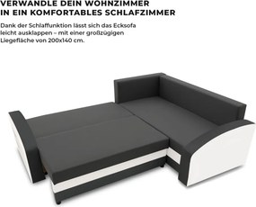 Grande sarokkanapé polcokkal , polc a bal karfaban, jobboldali, szövet anyag, bonell töltet, szürke - fehér
