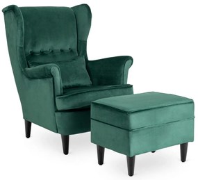 Elegáns Füles Fotel Lábtartóval Zöld Bársony Kárpittal. EVAN 2