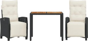 vidaXL 3 részes fekete polyrattan kerti étkezőgarnitúra párnákkal