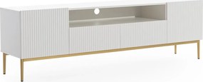 Nicole TV-szekrény 200 cm nyitott polccal és fiókokkal - matt fehér / arany lábak