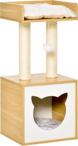 Pawhut Macska Búvóhely 2 Puha Párnával, Macskafa Macskaágy Játék Gömbbel, Természetes Szizál 35 x 35 x 81 cm | Aosom
