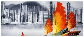 Festmény - Victoria Harbour, Hong Kong, fekete-fehér olajfestmény (120x50 cm)