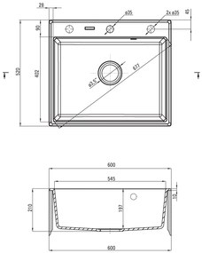 Deante Andante, gránit mosogató 600x520x210 mm + helytakarékos szifon, 1 kamrás, fekete, ZQN_N103