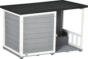 PawHut Tömörfa kutyaház 2 etetőtállal, veranda, időjárásálló, szürke-fehér