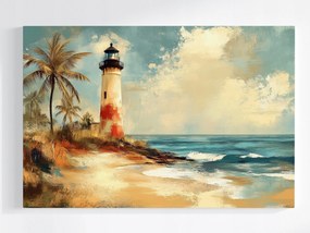 Poszter Világítótorony Tengerpart Hullámok Pálma Retro 60x40