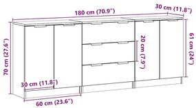3 db antik fa színű szerelt fa tálalószekrény 60 x 30 x 70 cm