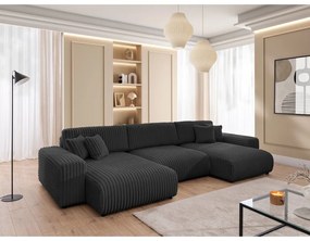 Sötétszürke kordbársony kinyitható-tárolóhelyes (U alakú) sarokkanapé Sarina – Ropez