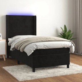fekete bársony rugós és LED-es ágy matraccal 100x200 cm