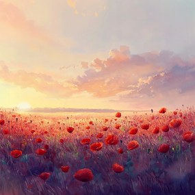 Vászonkép Canvas Akvarell Tájkép Mező Rét Virágok Pipacsok Nap 80x80