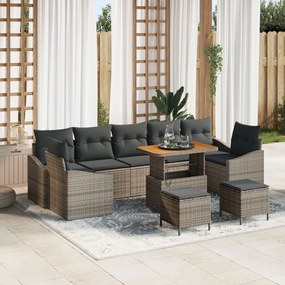 10 részes kertibútor szett párnákkal, szürke poli rattan akácia, 2-személyes kertibútor párnákkal, szürke poli rattan, 3 részes kertivacsora szett párnákkal, szürke poli rattan akácia
