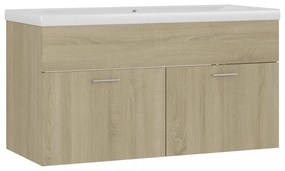 tölgyszínű szerelt fa mosdószekrény beépített mosdókagylóval