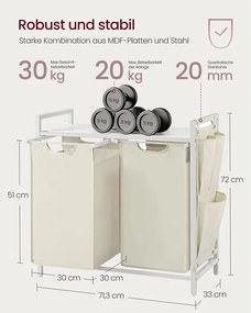 VASAGLE 2 rekeszes szennyestartó kosár polccal, 2 x 46 L, krémfehér