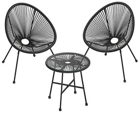 Kerti bútor készlet 3 darabos, 2x Acapulco Szék, 1x üveglapos asztal, fekete