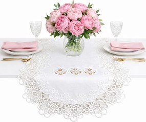 Futópad abrosz Ovális Fehér sima asztalra gipiurával 60x120 cm Ovális csipke