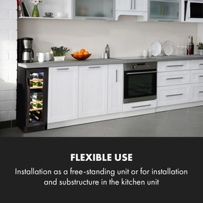 Klarstein Vinovilla 17 Built-in Duo Onyx Edition, kétzónás borhűtő, 53 liter, 17 palack, 3 színű LED világítás, üvegajtó