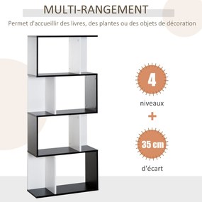 HOMCOM Kortárs Formatervezésű S-alakú Könyvespolc Tároló Bútor 4 Polccal 60L x 24W x 148H cm Fekete Fehér | Aosom