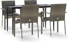 vidaXL 5 részes fekete és szürke polyrattan kerti étkezőszett párnával