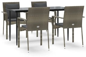 vidaXL 5 részes fekete és szürke polyrattan kerti étkezőszett párnával