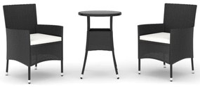3 részes fekete polyrattan kerti bisztrógarnitúra párnákkal