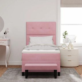Box spring ágy matraccal és pad rózsaszín 90x190 cm velúr