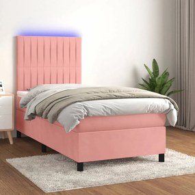 Rózsaszín bársony rugós és LED-es ágy matraccal 100x200 cm