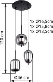 Globo 15345-3 Függeszték fekete fém váz, füstszínű 3 különböző méretű, és formájú üvegbúrával. Ø:460, H:1200, exkl. 3xE14 40W 230V