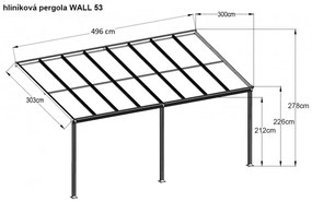 LanitPlast WALL 53 Alumínium pergola a falhoz, méretek 4,96 x 3 m, antracit színű, tető - polikarbonát opal 6 mm
