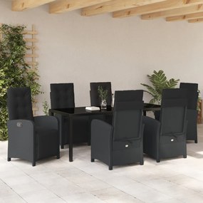7 darabos kert étkezőgarnitúra párnákkal fekete poli rattan, kert asztal fekete 200x80x73 cm edzett üveg
