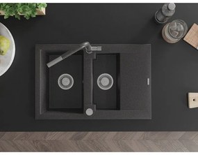 Mexen Gaspar, 1,5 kamrás gránit mosogató 737x475x177 mm és Flora mosogató csaptelep, fekete foltos, 6507-76-670401-08