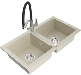 Mexen Mario 2 rekeszes gránit mosogató konyhai csapteleppel Duo, bézs - 6504-69-671701-07