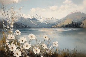 Fotótapéta Flizelina Tájkép Hegyek Tó Fehér Virágok Tavasz 416x254 ragasztó