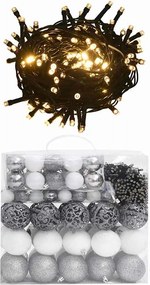 vidaXL 120 részes fehér-szürke karácsonyi gömbszett csúccsal + 300 LED