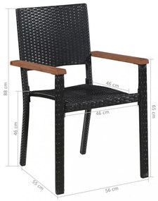 5 darabos fekete kültéri polyrattan és akácfa étkezőszett