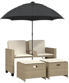 2 személyes bézs polyrattan kerti kanapé napernyővel/székkel