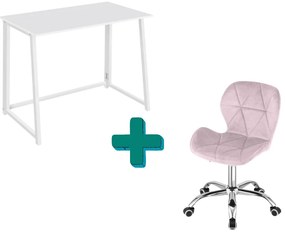 Dolgozószobai szett – összecsukható íróasztal ZARIMO 80×40 cm, fehér + irodai szék AVOLA VELVET rózsaszín