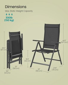 4 darabos összecsukható kerti székkészlet, 8-szögben dönthető háttámlával, max. székenként 150 kg teherbírás, fekete