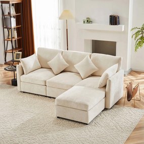 Négyszemélyes kanapé, L-alakú sarokgarnitúra zsenília lábtartóval Bézs