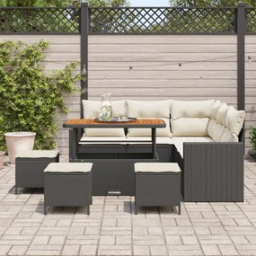 8 Részes Kerti Kanapé Szett Párnákkal Fekete Poly Rattan Akácia, 3 Részes Kerti Étkező Szett Párnákkal Fekete Poly Rattan Akácia