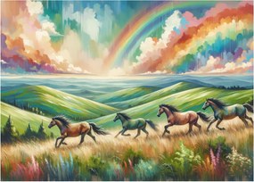 Üveg kép – Vágtázó lovak a tájban (70x50 cm)