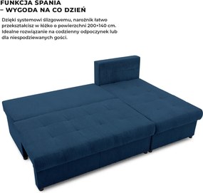 Venezia sarokkanapé, kordbársony, univerzális oldal, hab töltet, kék