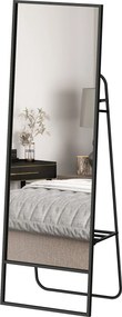 HOMCOM Álló Tükör 157 x 50 cm Téglalap Alakú Polccal, 2 Horoggal, Fém Kerettel, Nagy Tükör, Öltöztető Tükör Hálószobához, Nappalihoz, Előtérhez, Feket