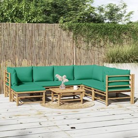 8 részes bambusz kerti ülőgarnitúra zöld párnákkal