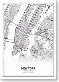 New York Térkép Fekete-fehér minimalizmus poszter 40x50cm New York #344