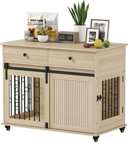 PawHut otthoni kutyabox 100 x 56 x 81 cm — kerekekkel, fiókkal, tolóajtóval és zárható oldalsó ajtóval — Tölgy | Aosom