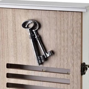 Fa fali kulcstartó szekrény rácsos ajtóval, kulcs dekorral - 26,5x6x20 cm