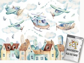 Fotótapéta Flizelina Repülőgépek Házak Helikopter Gyerekek Pasztell 200x140 ragasztó