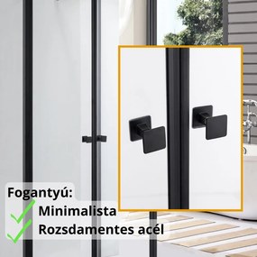 Stuxi Roma Black 70x80 falsíkra szerelhető 3 oldalú kétszárnyú nyílóajtós zuhanykabin 6 mm vízlepergető biztonsági üveggel, matt fekete elemekkel, 195 cm magas