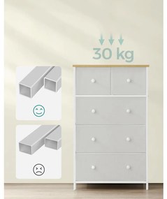 Tároló szekrény öt fiókkal, ruhás szekrény, fehér és tölgy 80x30x85cm